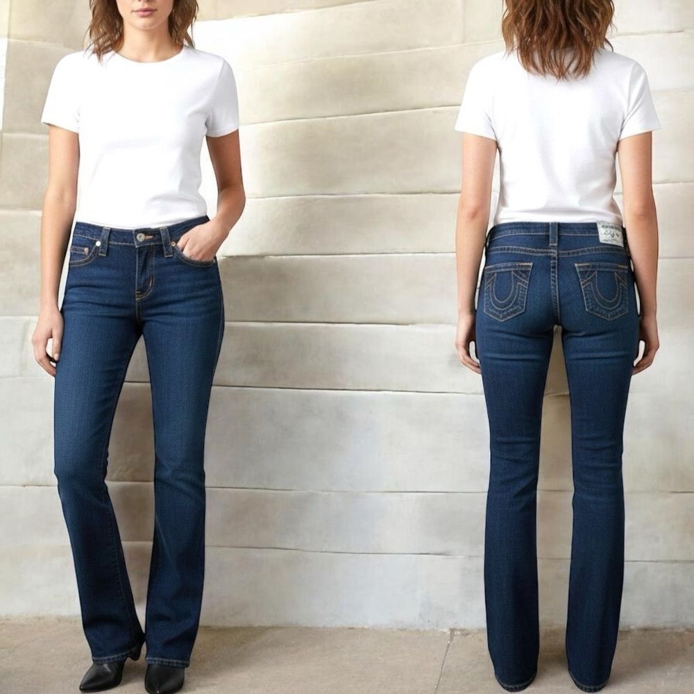True Religion Women’s 27 Straight Leg Jeans Dark Wash Horseshoe Stitch Low Rise